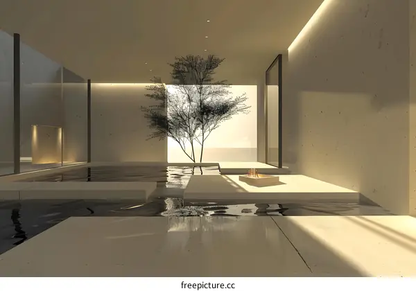 Modern Minimalist Interior Design with a Pool and Tree