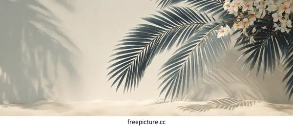 Elegant Tropical Palm Leaves and Flowers on Beige Background