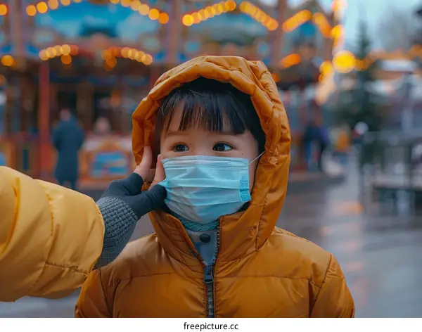 A masked child looks up at an adult