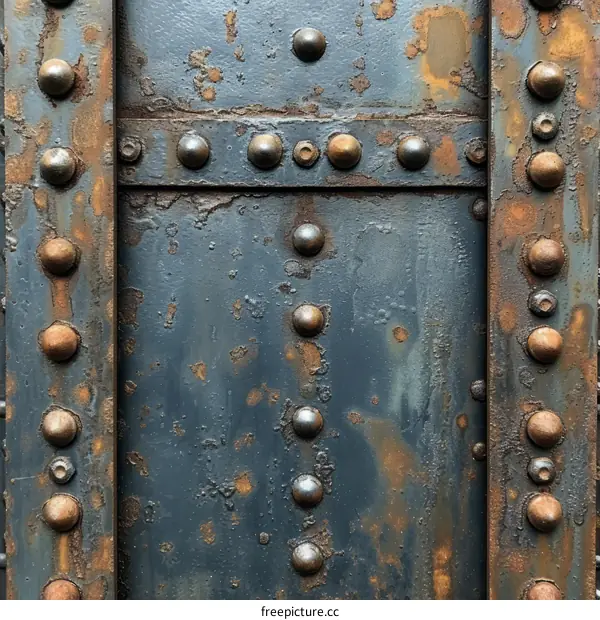 Close-up of a rusty metal plate with rivets