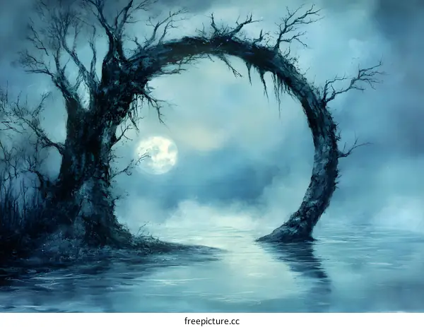 Mystic Tree Archway under Full Moon in Blue Fog