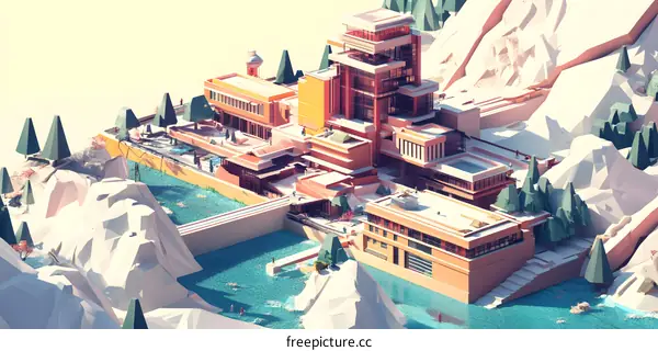 Low Poly Illustration of Modern Architecture in a Mountainous Landscape