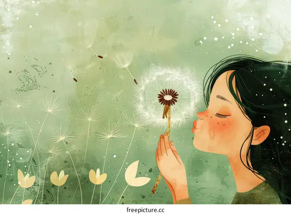 Little girl blowing dandelion seeds in a field