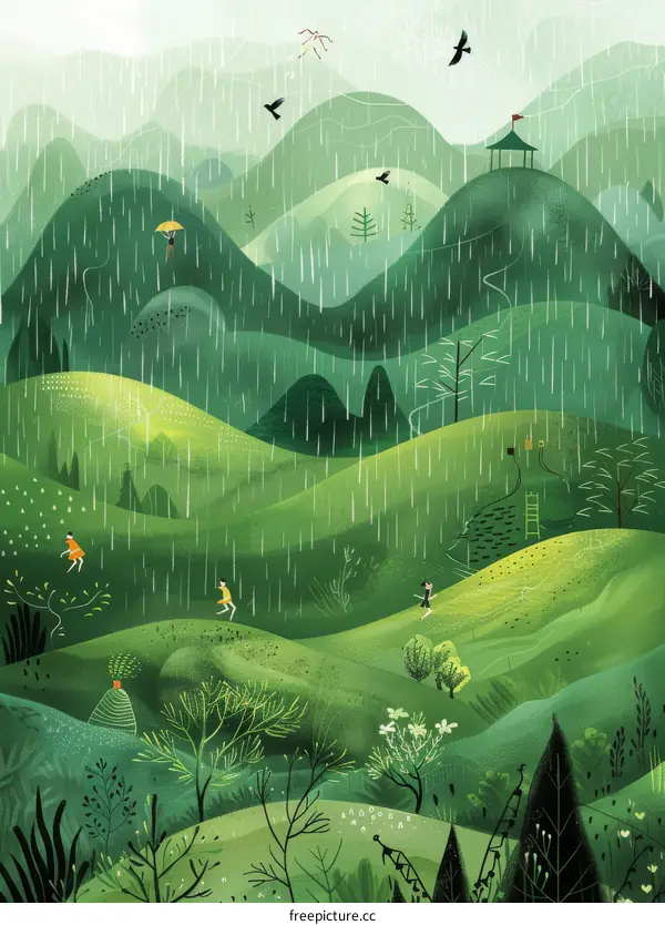 People walking in the rain in the mountains