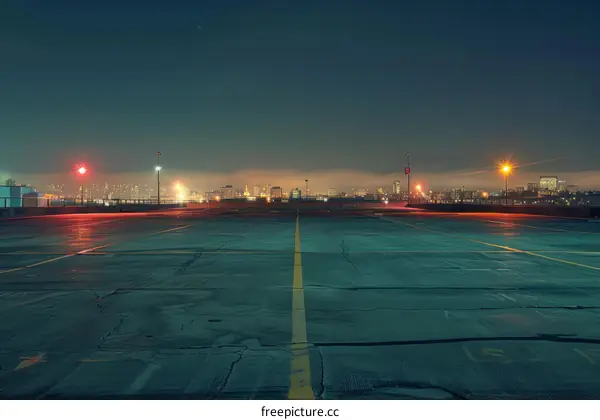 Empty Parking Garage with City View at Night