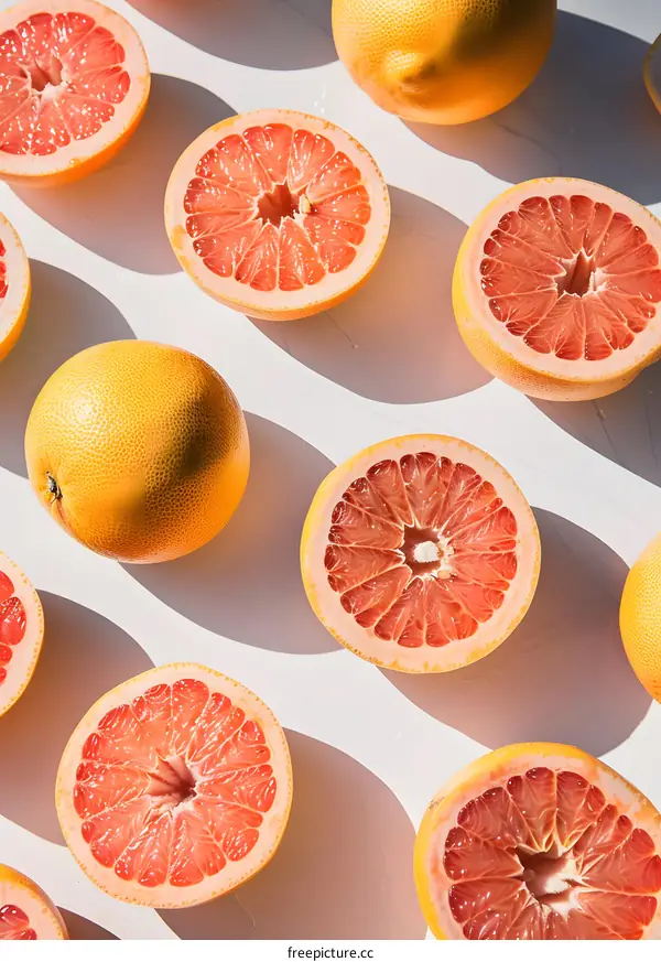 Fresh Grapefruits Cut in Half on White Background