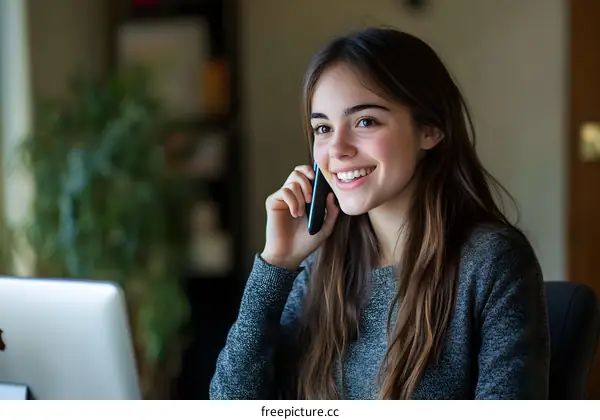 Young Woman Talking on Phone at Computer