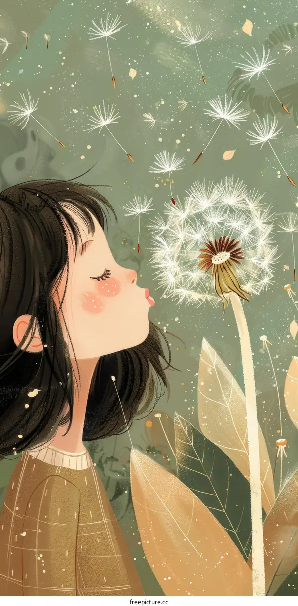 Little Girl Blowing Dandelion Seeds in Meadow