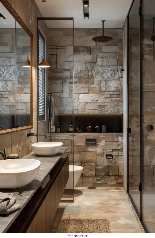 Modern Rustic Bathroom Design with Stone Walls