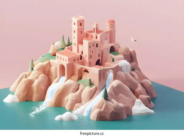 Low Poly Illustration of a Castle on a Cliff with Waterfalls