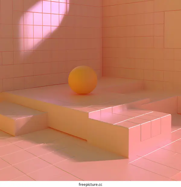 Abstract Minimalist 3D Rendered Room With Orange Sphere On Platform