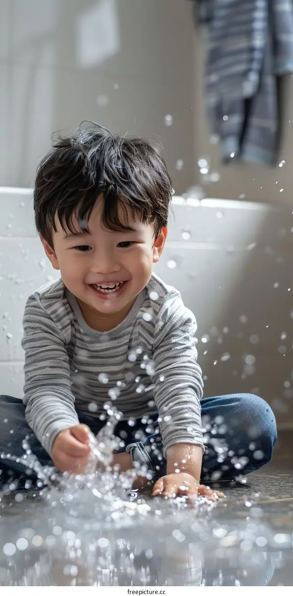 Toddler boy playing with water on the floor