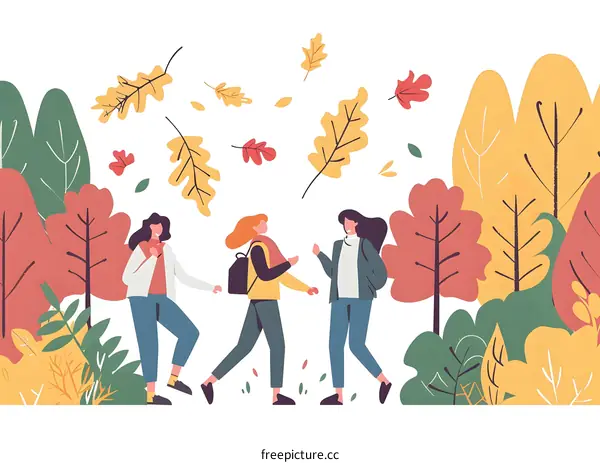 Autumn Illustration with Three Female Friends Walking in Forest