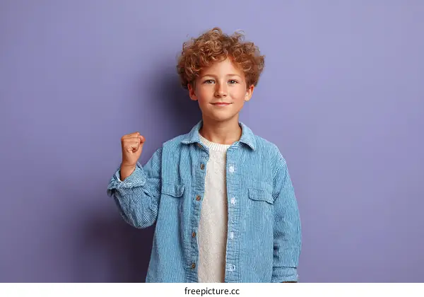 Smiling Boy in Denim Jacket Against Purple Background