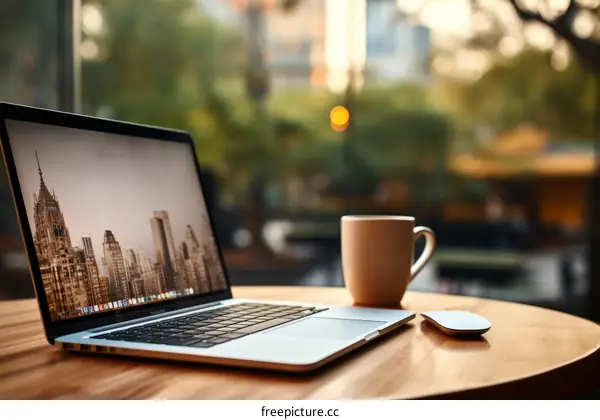 Modern workplace with laptop, coffee cup and mouse on wooden table