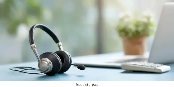 Office Headset on Desk with Blurred Background