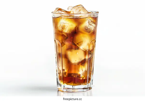 A glass of iced cola on a white background