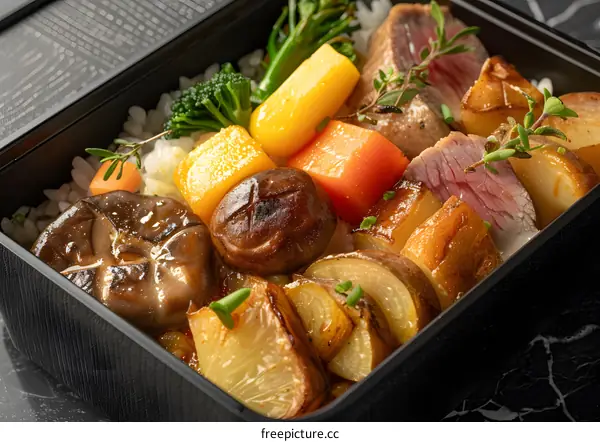 Beef and potato stew in a black container