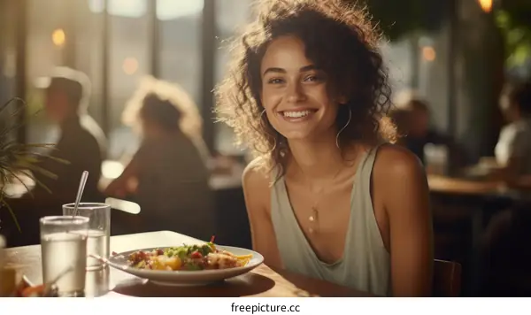 Portrait of a young woman with curly hair smiling in a restaurant
