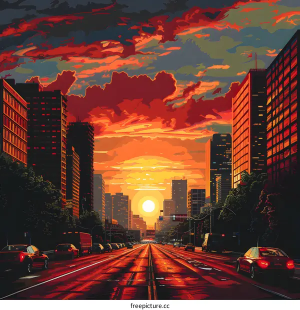 City street sunset illustration