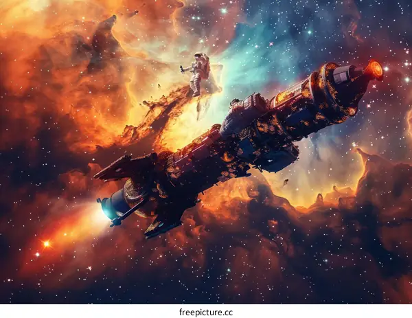 Astronaut on a spaceship in space with a nebula in the background