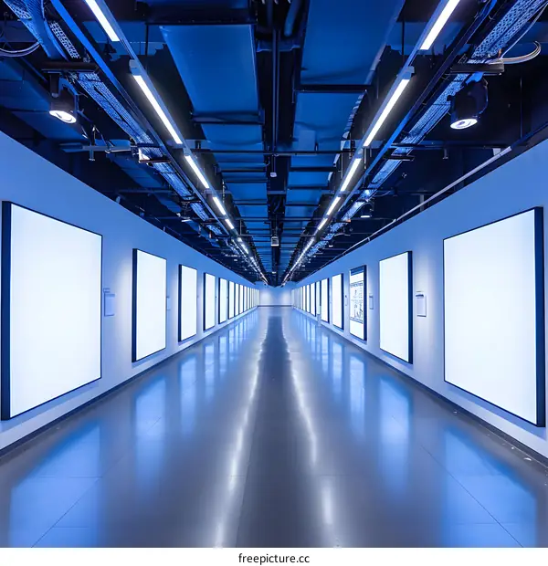 Empty Hallway with White Blank Panels Illuminated by Blue Lights