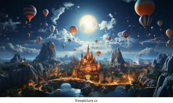 Magical Fantasy Castle with Hot Air Balloons