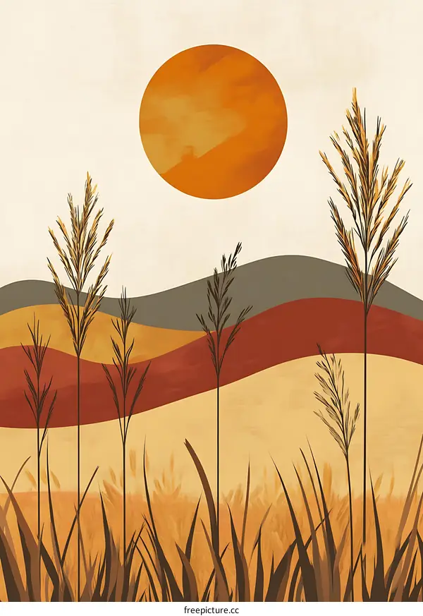 Abstract Minimalist Landscape With Sun And Grass