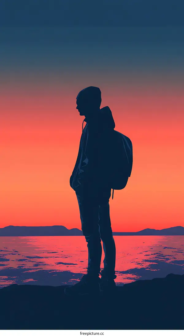Silhouette of a Person Standing by the Sea at Sunset
