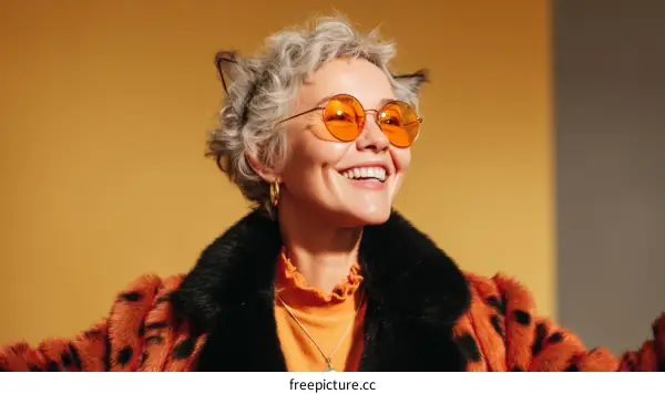 Stylish Woman in Orange Sunglasses and Cat Ears