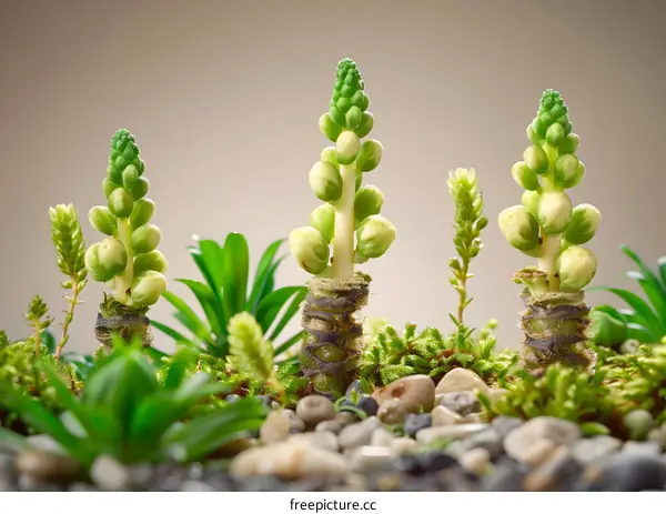 Green Plants With Round Buds In Miniature Garden With Small Stones