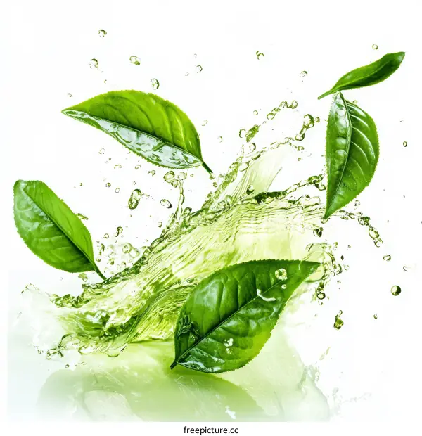 Green Tea Leaves Splashing in Water