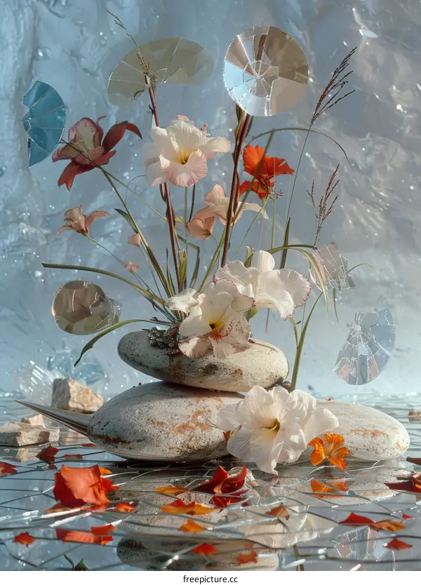 Still Life with Flowers, Rocks, and Glass