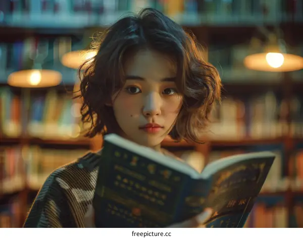 A young woman is reading a book in a library.