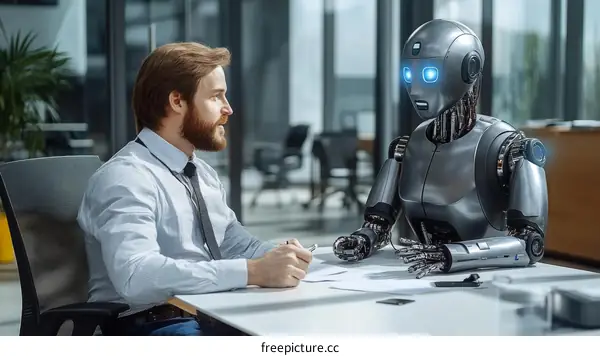Business Meeting with a Futuristic Robot Assistant