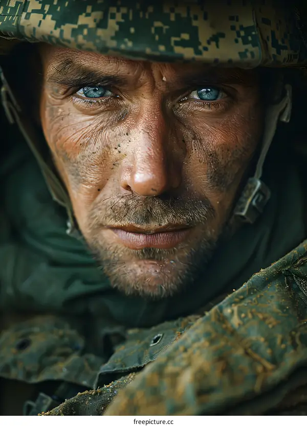 Portrait of a soldier with blue eyes and a beard wearing a military helmet