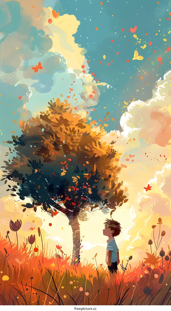 Boy Watching Falling Leaves and Butterflies in Field