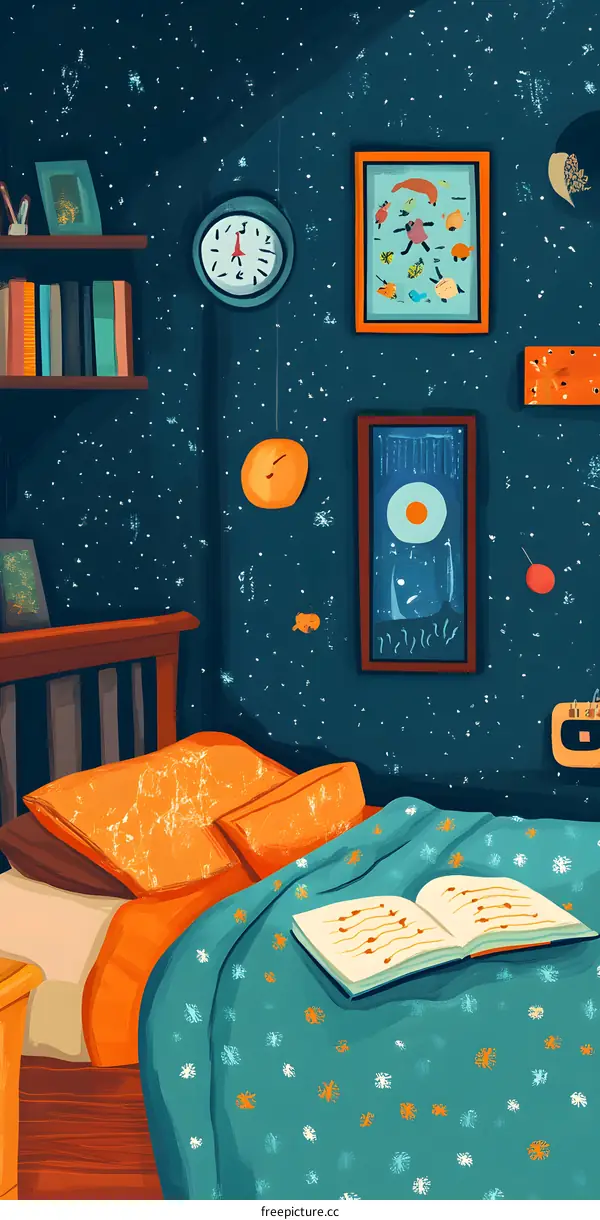 Bedside Table with Book and Clock Illustration