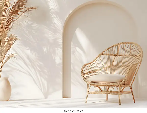 Minimalist Interior Design With Wicker Chair And Palm Leaf