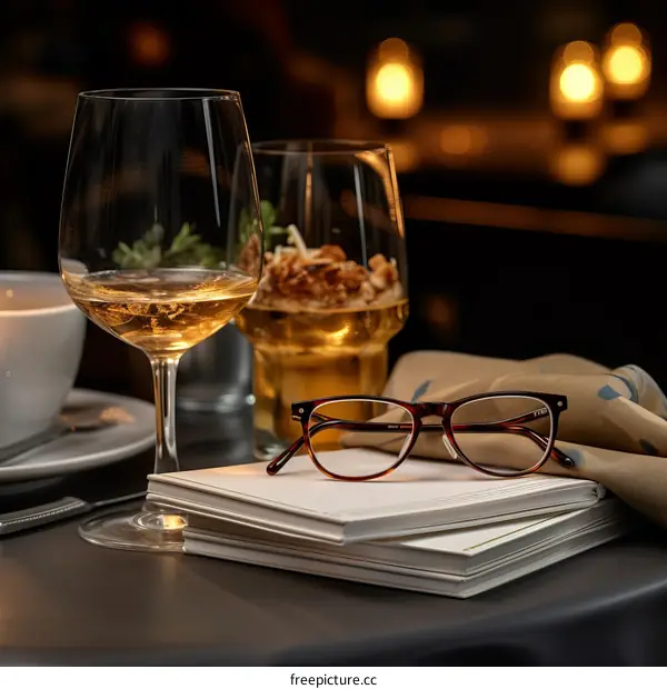 An elegant place setting with wine, books, and glasses