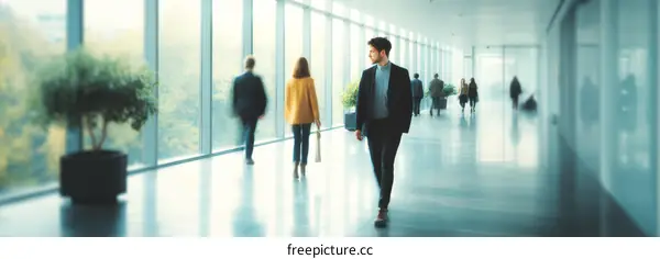 Modern Office Corridor with People Walking