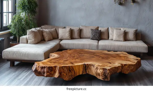 Modern Living Room with a Unique Wooden Coffee Table