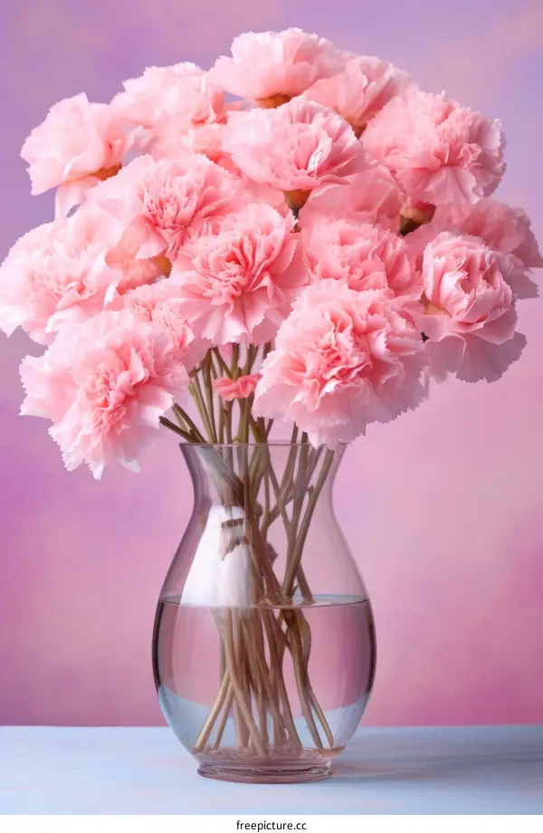 A bouquet of pink carnations in a glass vase