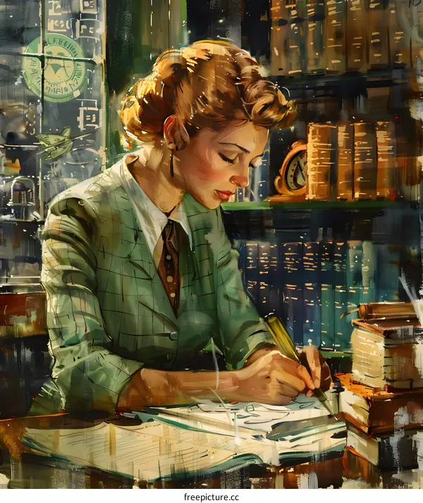 girl writing in a book with bookshelves in the background
