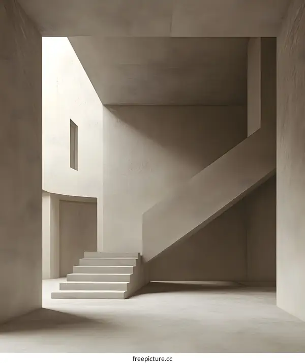 Minimalist Concrete Architecture Interior With Staircase And Window