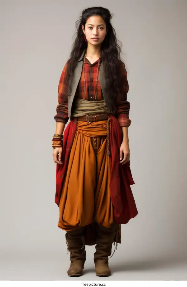 Portrait of a Young Woman in a Vibrant Red and Orange Ensemble