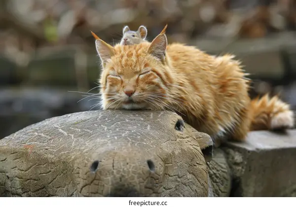 A ginger cat sleeping with a mouse on its head