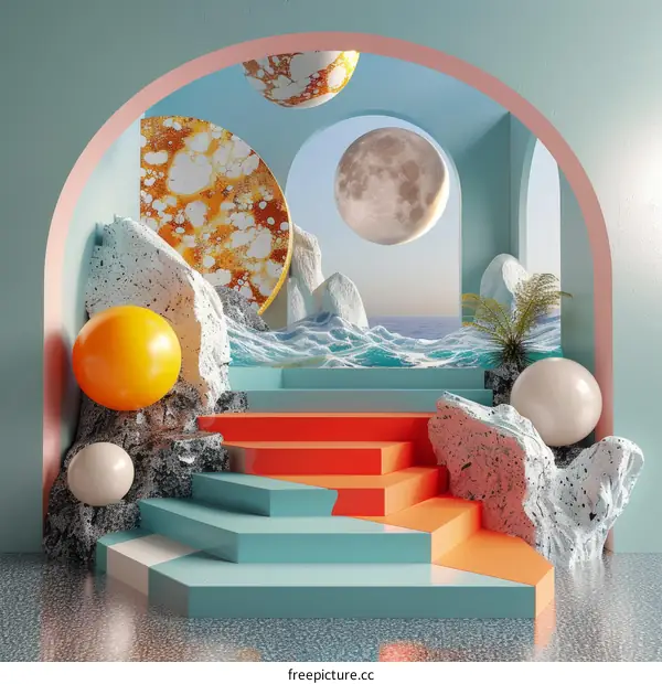 Abstract Scene with Geometric Steps and Moonlit Landscape