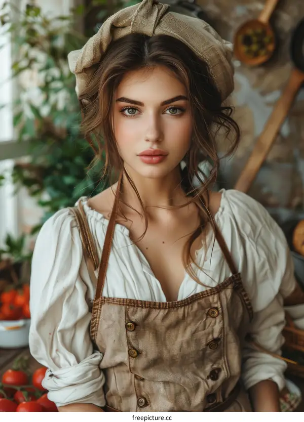 portrait of a beautiful young woman in a brown apron and white blouse