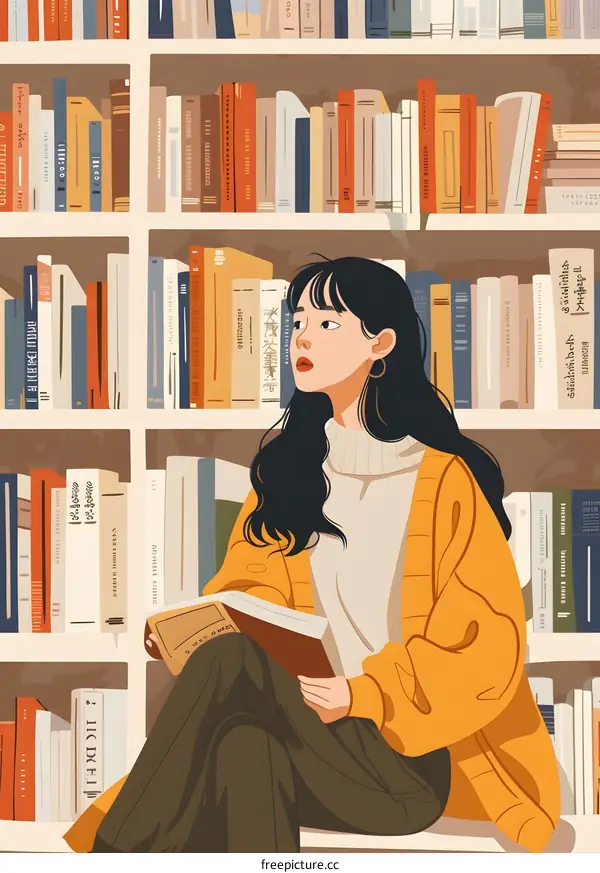 Woman Reading In Library With Bookshelf